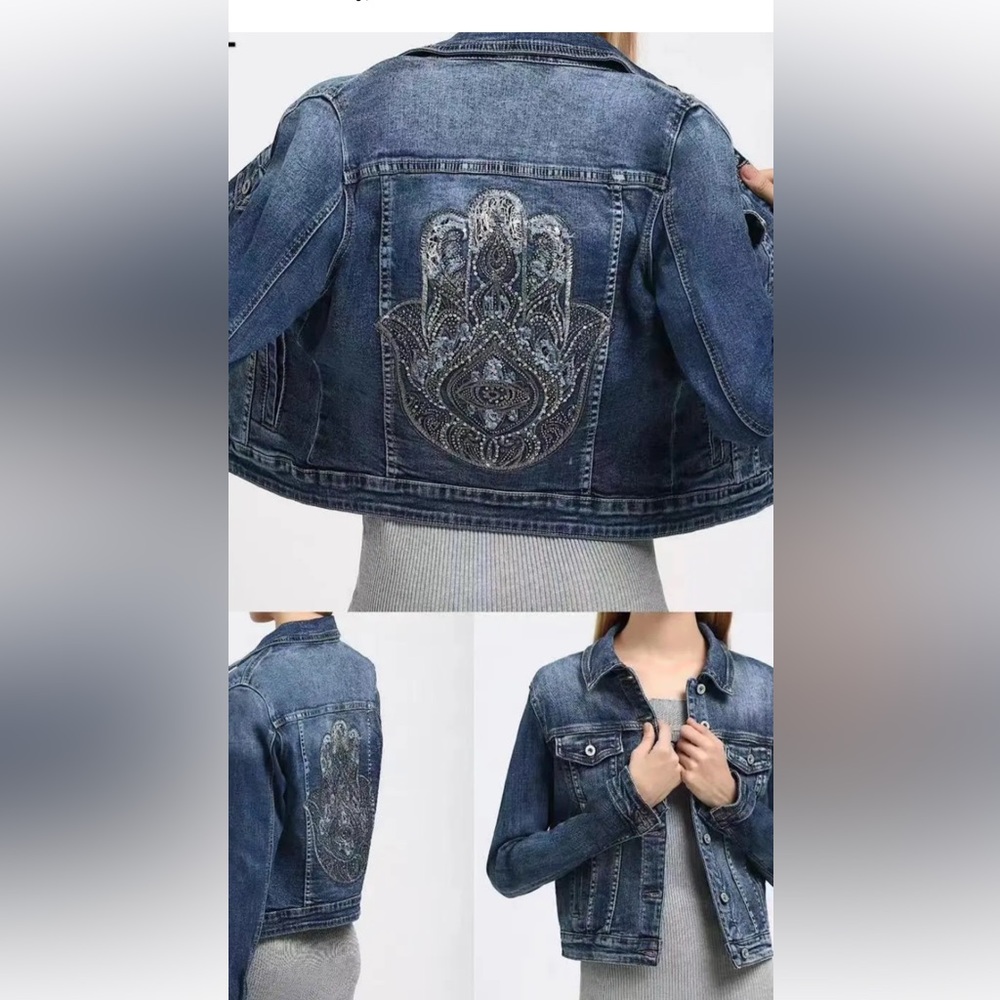Embellished Hamsa Denim Jean Jacket